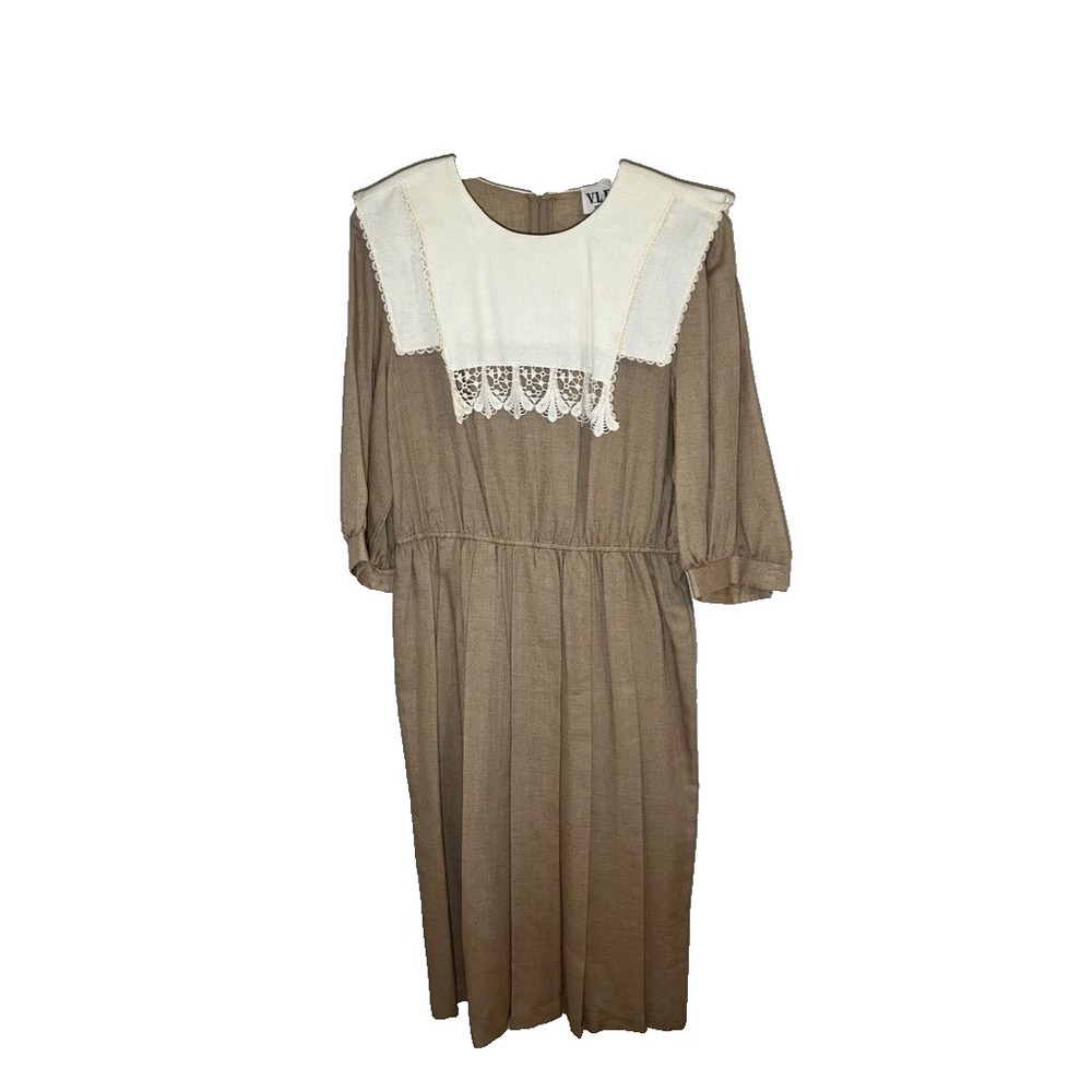 Vintage Neutral Bib Dress 22 Retro Victorian Prairie Minimalist Lagen Union 1980